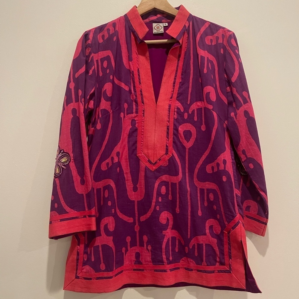 Sheridan French Vibrant Ikat Embellished Purple and Pink Tunic size 6